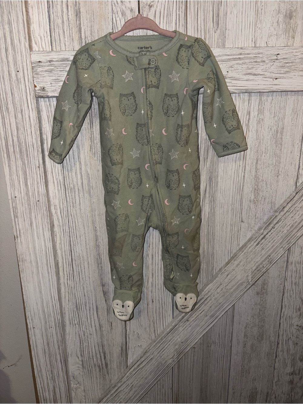 Carter's Olive Green Owl & Moon Footed One-Piece